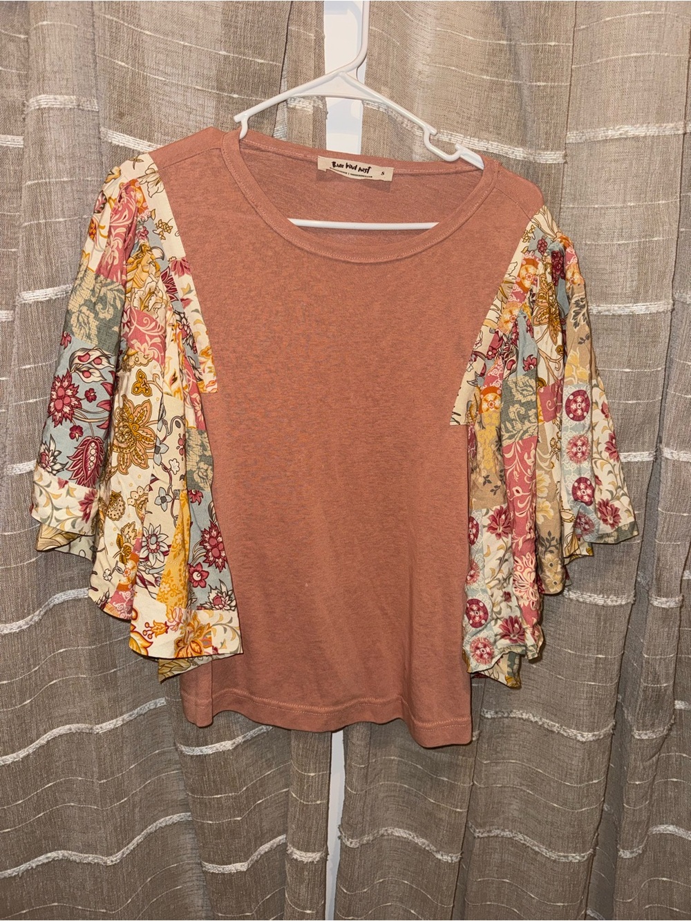 Three Bird Nest Dusty Rose Top with Floral Flutter Sleeves